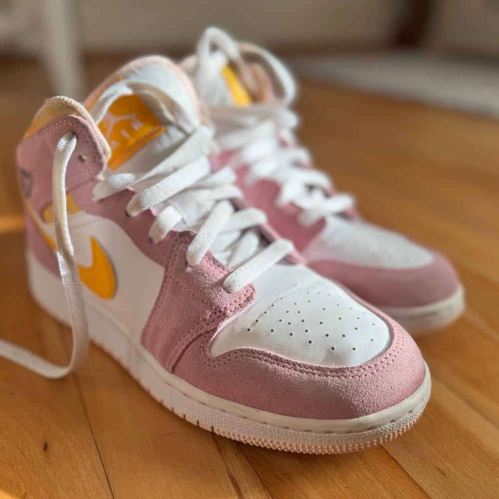 NIKE Jordan 1 Mid Pink and White with Gold Accents
